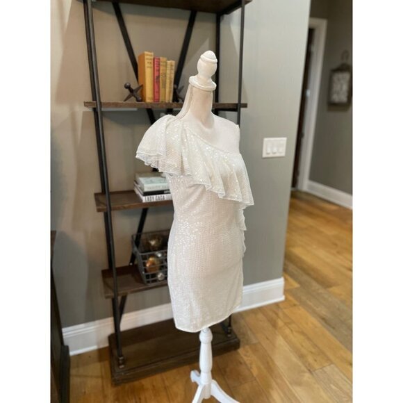 Mac Duggal Ruffle One Shoulder Sequin Mini Cocktail Dress White Womens 4 - Picture 5 of 11